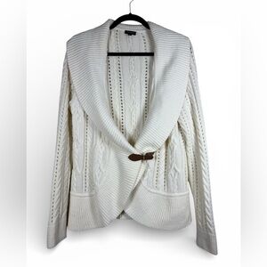 Talbots Chunky Knit Shawl Collar Cable Knit Cardigan Buckle Close Lambswool Sz L